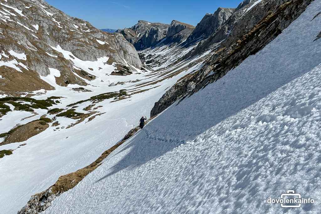 Sklon snehových polí v doline na južnej strane Hochschwabu.